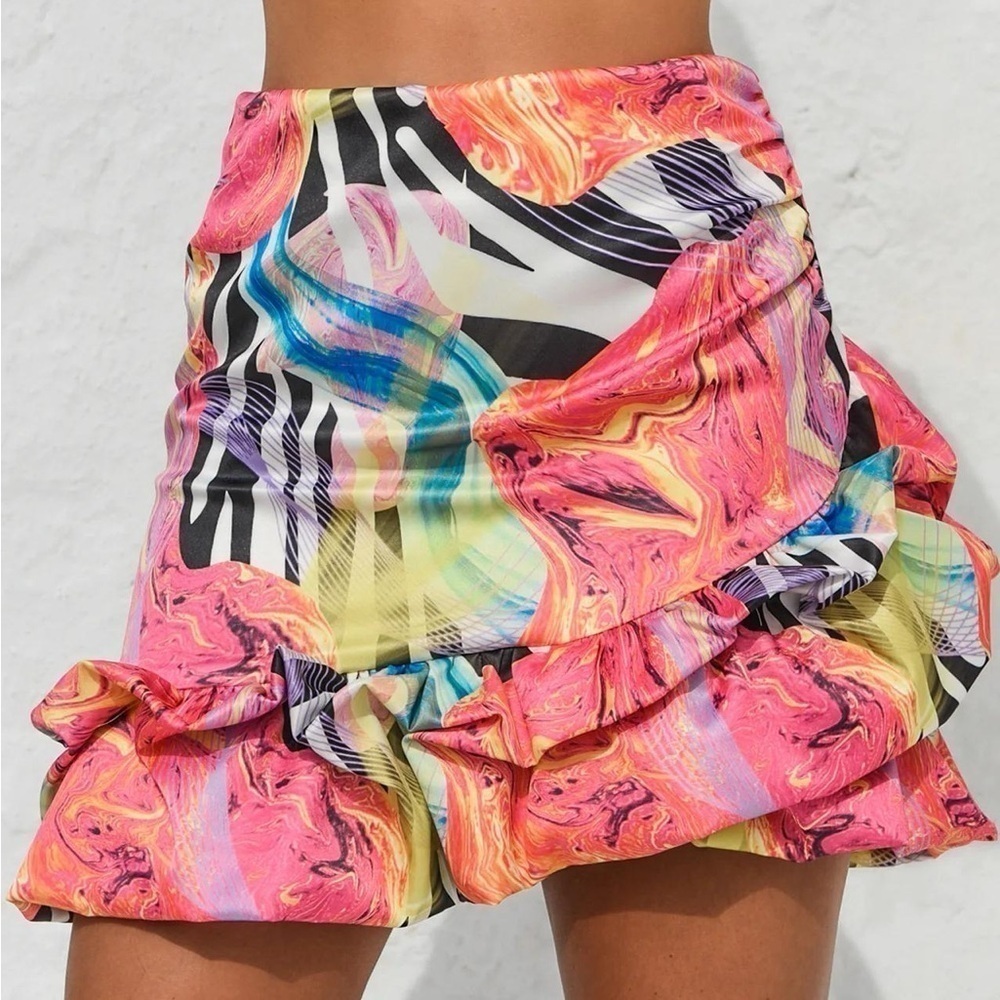 Womens Dresses | Marble Zebra Print Satin Ruffle Mini Skirt - Picture 6 of 8